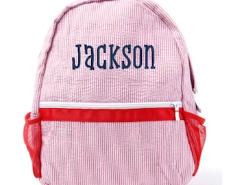 Preschool Kids Seersucker Backpack with Name | Embroidered Monogram Toddler Backpack | Personalized Daycare Bag
