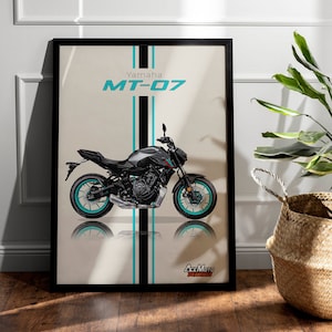 May include: A black and gray Yamaha MT-07 motorcycle poster with blue and white racing stripes. The motorcycle is on a beige background with a reflection below it. The text "Yamaha MT-07" is in blue and white. The text "AceMoto Designs" is in black and white.