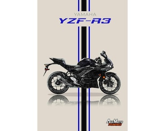 Yamaha YZF R3 2022 | Pôster de motocicleta, decoração de arte de parede de bicicleta - presente para amantes de desenho de presente de piloto Yamaha
