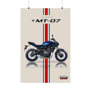 May include: A blue Yamaha MT-07 motorcycle with red, white, and blue racing stripes. The motorcycle is drawn in a minimalist style with a white background.