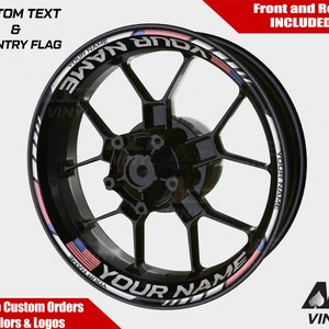 Wheel Decals - Custom Personalized Name Stickers with Flag Decals - Rim Stickers For Motorcycle - Kawasaki , Honda , Yamaha , Suzuki & BMW .