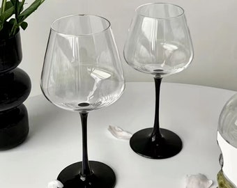 Set of 2 Handblown Black Stem Wine Glasses, 20.29oz Champagne Glasses, Goblets, For Whisky, Cocktail, Unique glasses for all parties.
