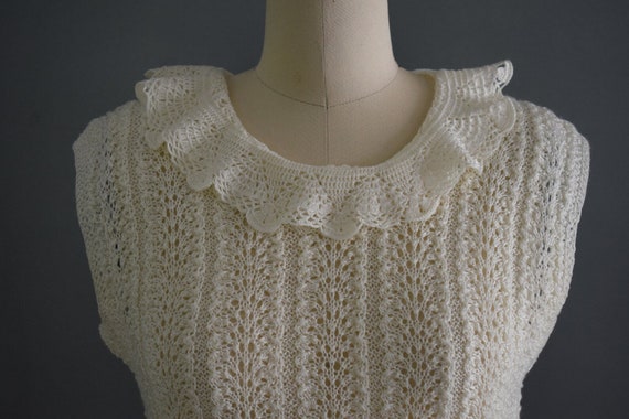 Vintage Ivory Ruffle Collar Crochet Knit Top - image 6