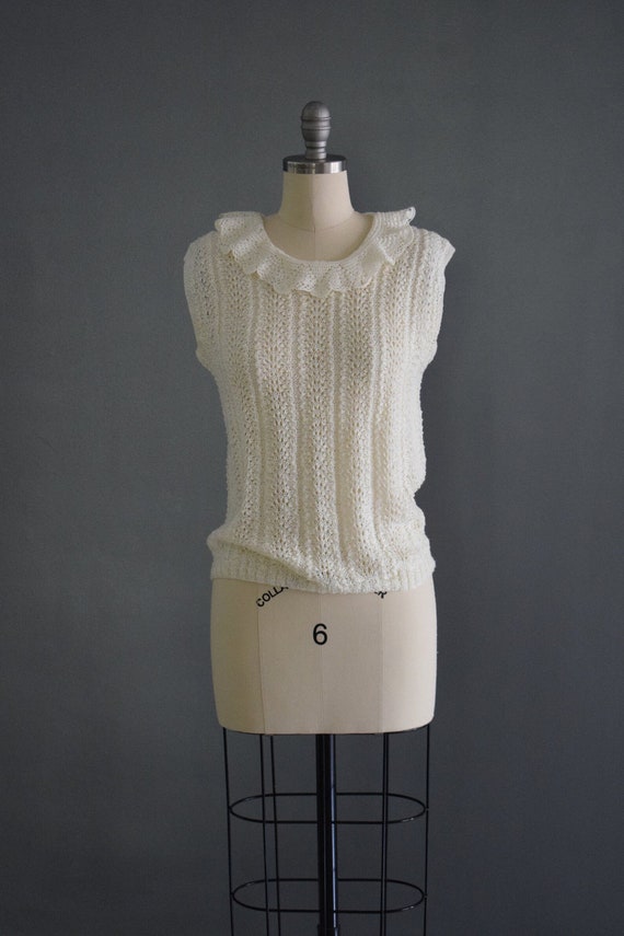 Vintage Ivory Ruffle Collar Crochet Knit Top - image 2