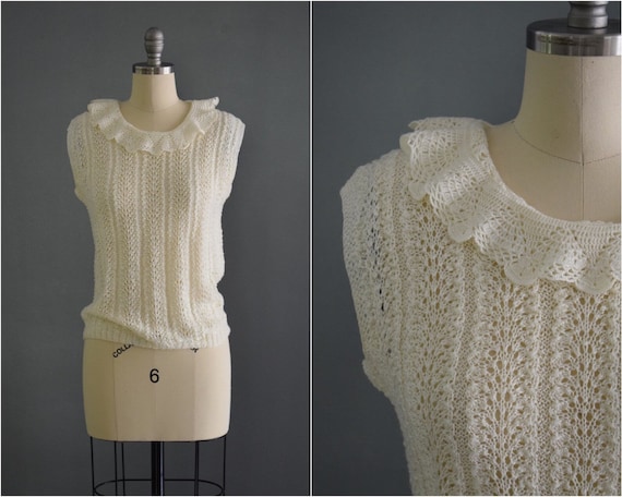 Vintage Ivory Ruffle Collar Crochet Knit Top - image 1