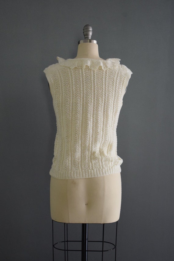 Vintage Ivory Ruffle Collar Crochet Knit Top - image 5