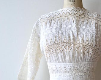 Antique Edwardian Cotton Dress | Embroidered White 1910s Gown