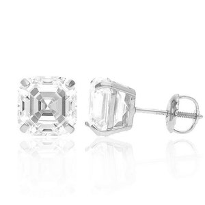 4 Ct Asscher Cut Stud Earrings Real 14K Solid White Gold Solitaire Stud Earrings Screw Back 8mm Square Handmade Real Gold Earrings