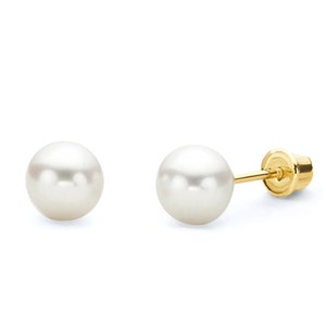 Valentine Real Freshwater White Pearls Real 14K Yellow Gold Round GENUINE WHITE PEARL Studs Earrings screw backs 3mm 4mm 5mm 6mm 7mm 8mm