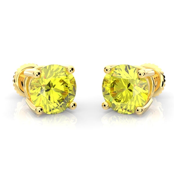 2 Ct Round Yellow Canary Stud Earrings Real 14K Solid Yellow Gold Screw Back 6 MM Solitaire Created Diamond