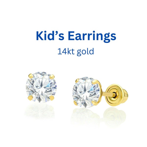 Girls Earrings 5mm Round Cut Studs Earrings Real 14K Solid Yellow Gold 1.00 Ct Screw-Back Small Studs