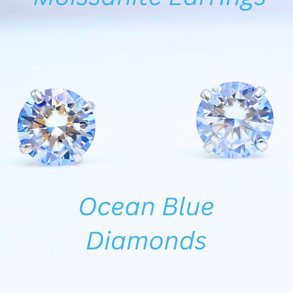Diamond Earrings Ocean Blue Moissanite Studs Earrings GRA Certified VVS1 Moissanite Diamond Screw-backs 14K White Gold 4-Prongs