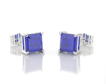 2 Ct Princess Cut Blue Sapphire Studs Aretes Real 14K Solid White Gold Push Back 6MM Studs Birthstone Blue Sapphire Jewelry