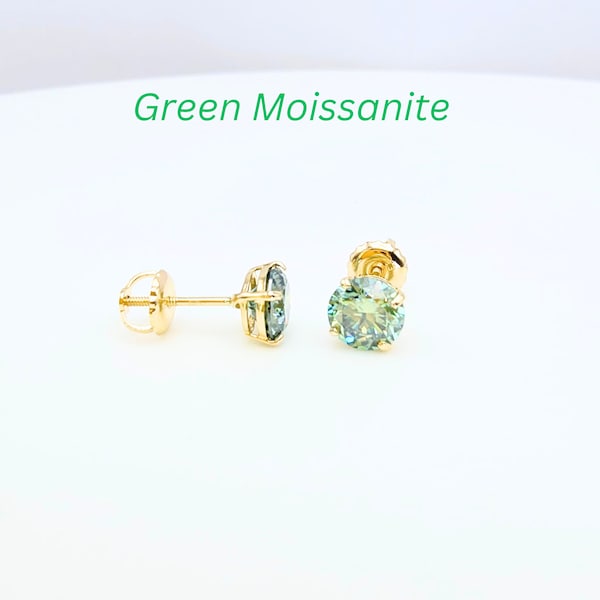 Diamond Earrings Green Moissanite Studs Earrings GRA Certified VVS1 Moissanite Diamond Screw-backs 14K Yellow Gold 4-Prongs