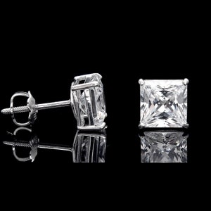 3 Ct Princess Cut Stud Earrings Created Diamonds Real 14k Solid White Gold Screw Back 7MM