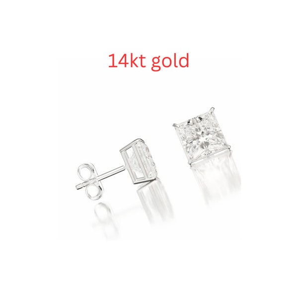 Princess Cut Simulated Diamond Studs Earrings Real 14K Solid White Gold Push Back | Square Stud Earrigs