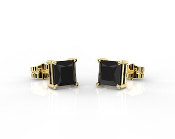 Black Earrings 3 Ct Princess Cut Stud Earrings Real 14K Solid Yellow Gold Push Back 7 MM | Unisex Earrings Black Onyx