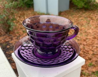 Tea Cup set, American Fostoria,  purple glass, amethyst, matching plates