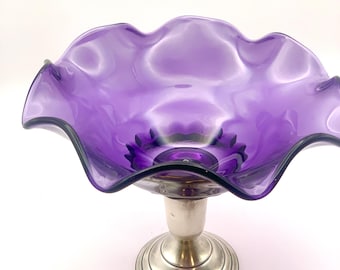 Cuenco para compota de dulces de vidrio amatista con borde ondulado y base de plata esterlina Alvin vintage ¡RARO!