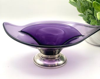 MCM Sterling Silver Footed, Amethyst Glass Divided Dish Crown, Art Nouveau