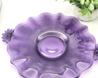 Plato barroco vintage Fostoria con asa y grabado navarro en cristal amatista