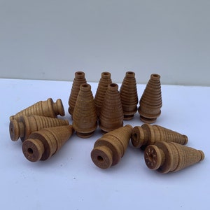 Christmas Tree Bobbins, medium woodtone, industrial, spinning, lot of 12