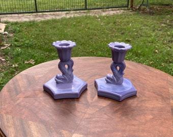 Vintage Milk Glass Candle Holders, set of 2, color lavender, Cod fish design