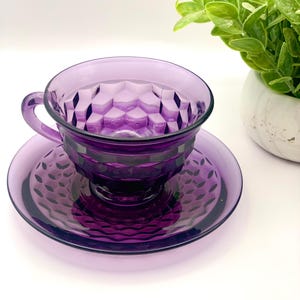 Tea Cup set, American Fostoria,  purple glass, amethyst, matching plates