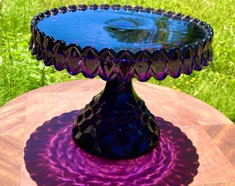 Vintage American Fostoria Cake Stand Cubist Pattern, Amethyst color, Circular