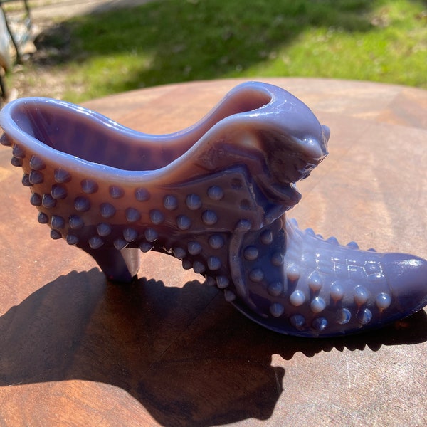 Vintage Fenton Hobnail Milk Glass Shoe with Cat, color lavender