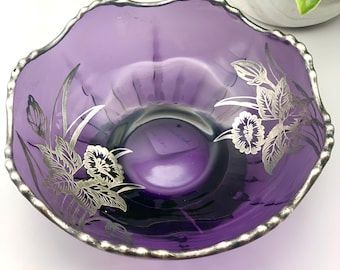 Tazón de dulces de cristal de la ciudad de plata vintage con superposición floral de plata esterlina