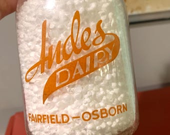 Botella vintage Andes Dairy Milk de un cuarto de galón Fairfield-Osborn Ohio Orange Baby Pyro