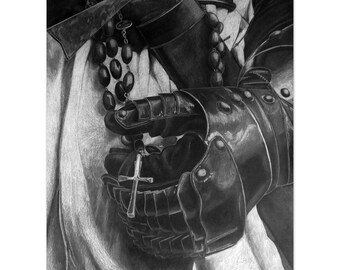 Affiche d'art mural noir et blanc - "Templier" [format A3] - impression depuis un dessin original