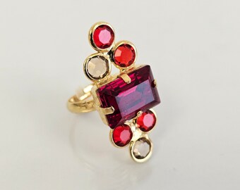 Statement Kristall Ring, Einzigartige Ringe für Frauen Gold, Verstellbare Ringe, Big Crystal Ring, Rot Liebhaber Schmuck Geschenk