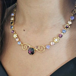Purple crystal necklace, purple exclusive necklace, gold & purple Jewelry, purple rhinestones necklace, purple jewelry for gift,