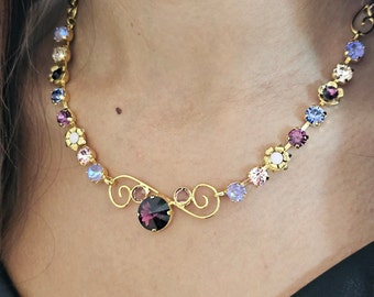 Purple crystal necklace, purple exclusive necklace, gold & purple Jewelry, purple rhinestones necklace, purple jewelry for gift,