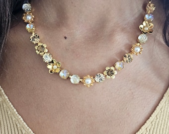 Gold & blush crystal necklace, handmade necklace, turquoise necklace, elegant necklace, tennis necklace, gift for mom, gold jewelry