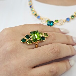 Statement Kristallring, Einzigartige Ringe für Frauen Gold, Verstellbare Ringe, Große Kristallring, Grün-Liebhaber Schmuck Geschenk
