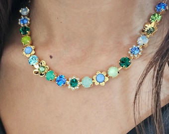 Tennis Necklace, Floral Necklace Crystal, Blue Rhinestone necklace, Choker Crystal Necklace, Rhinestone Necklace, Swarovski Necklace
