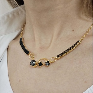 Black Gold Crystal Necklace, Black Crystal Necklace, Black Rhinestone Jewelry, Evening Crystal Jewelry, Black Choker, Christmas Jewelry Gift