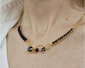 Black Gold Crystal Necklace, Black Crystal Necklace, Black Rhinestone Jewelry, Evening Crystal Jewelry, Black Choker, Christmas Jewelry Gift