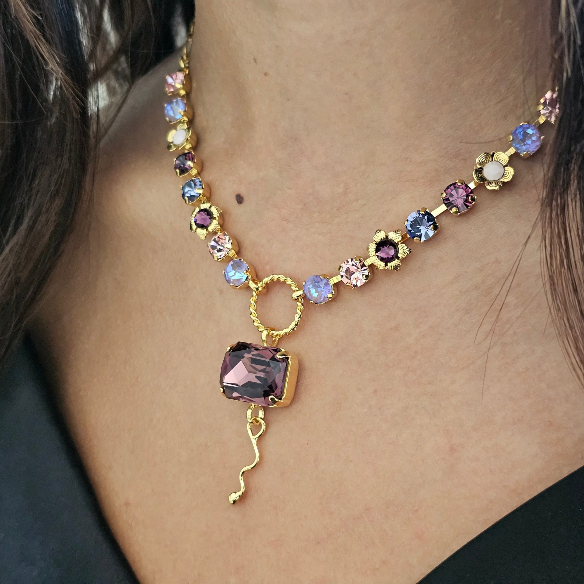 Purple crystal necklace, gold & purple elegant necklace, purple rhinestones necklace, gift for woman, purple jewelry for her, purple jewelry