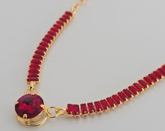 Red Crystal Necklace, Rhinestone Gold Necklace, Evening Crystal Jewelry, Tennis Necklace, Swarovski Necklace, Red Sparkly Jewelry, Gift Mom