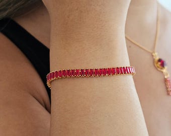 Red Crystal Bracelet, Rhinestone Bracelet, Ruby Red Bracelet, Tennis Bracelet, Red Gold Bracelet, Art Deco, Red Crystal Bracelet for women