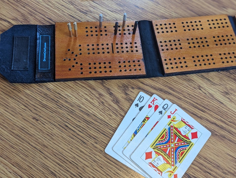 Travel Portable Cribbage Board Folding Leather Bound Travel Game Unique Handmade Buckskin
