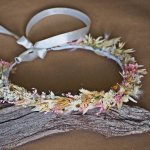 Delicate pink hair wreath, ivory, flower crown, rustical, wedding, bridal, white accent, pastel color, floral, full of flowers, light pink
