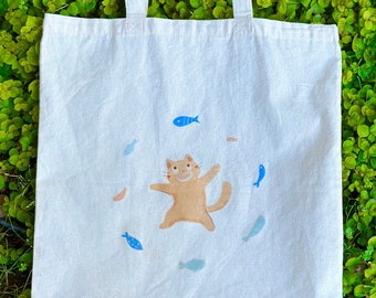 Cat and Fish Tote Bag  - Aesthetic, Handmade, 100% Cotton