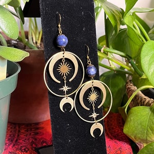 Sodalite Night Sky Earrings | Crescent Moon Celestial Earrings | Handcrafted Crystal Hoop Earrings | Whimsygoth Maximalist Layered Earrings
