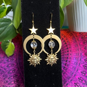 Clear Quartz Solar Celestial Earrings | Handcrafted Sun Crescent Moon and Stars Mystic Whimsygoth Jewelry | Witchy Maximalist Gift For Her