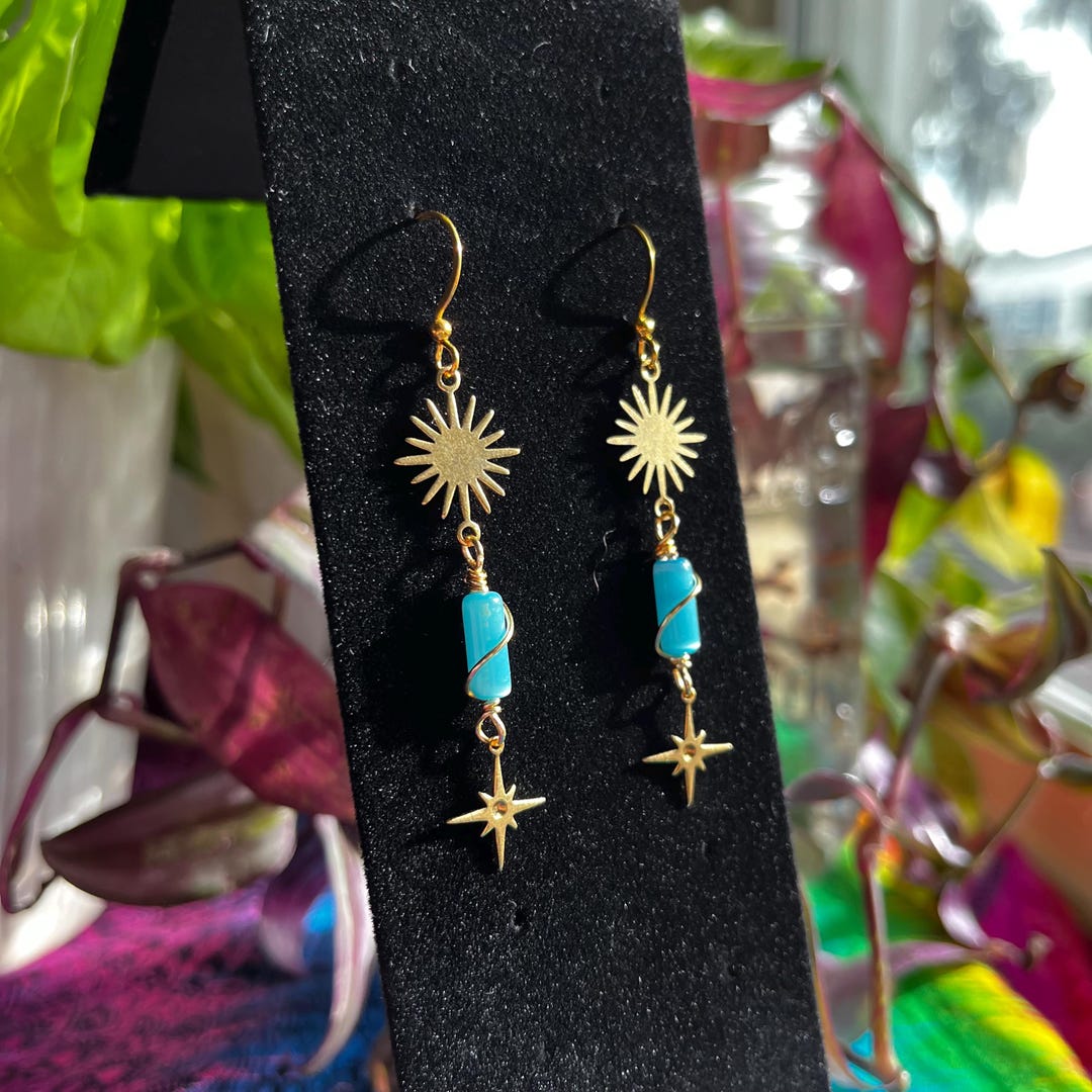 Celestial Sunburst Blue Cat's Eye Earrings | Gold Toned Whimsygoth ...